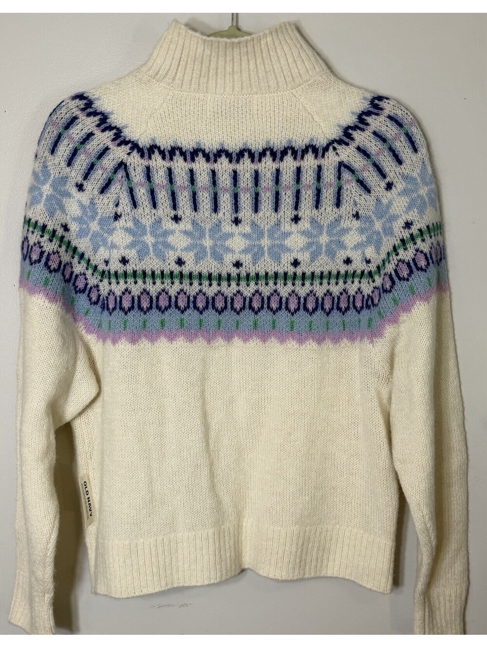 Old Navy Fair Isle Mock Neck Sweater NWT Medium Cream Blue Cozy Soft Ski